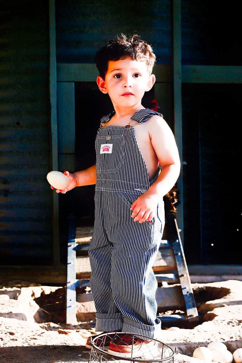 Young boy in striped overalls holding a freshly gathered egg outside a rustic coop — farmhouse family portrait