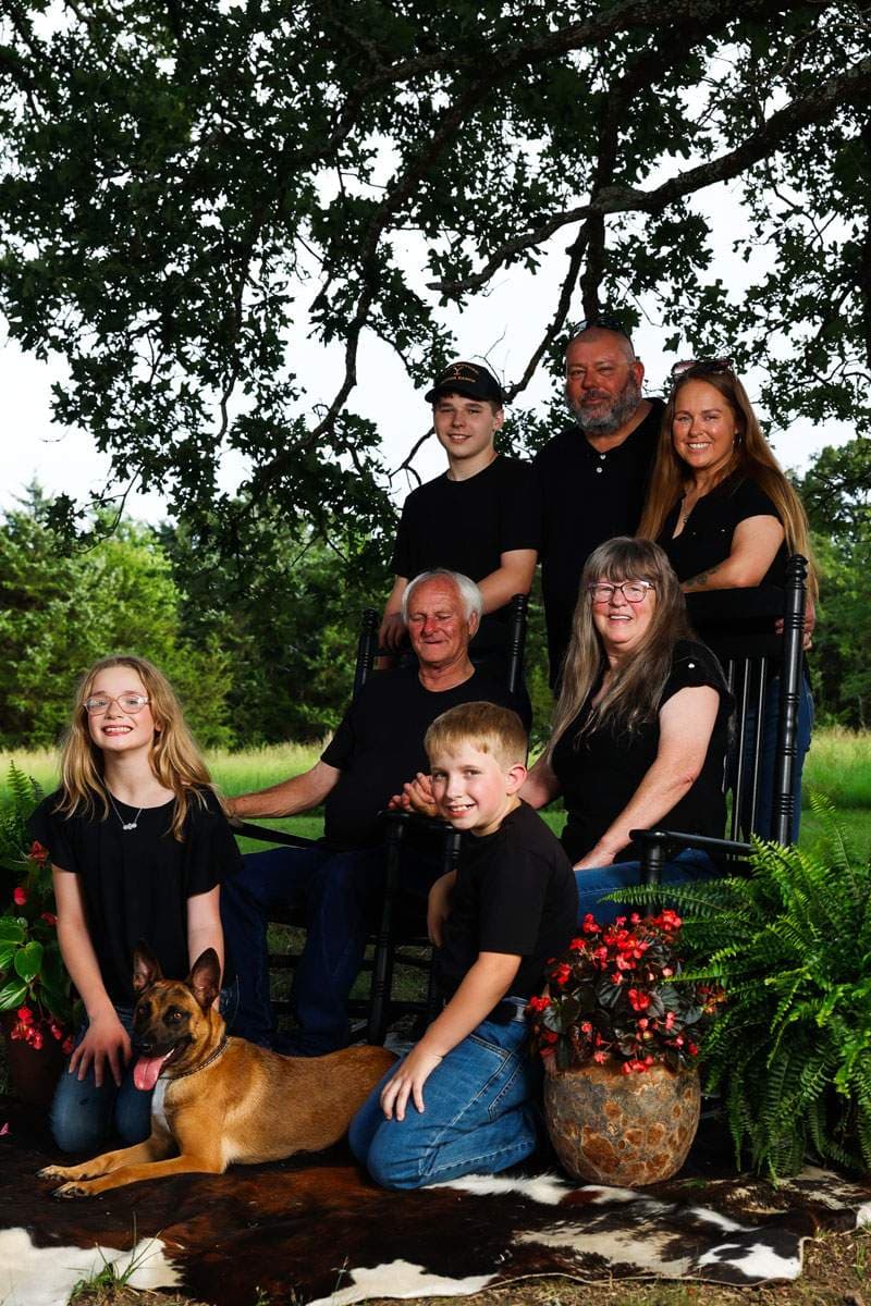 Multi-generational family with their dog under an oak tree — Frisco family session by BK Bennett