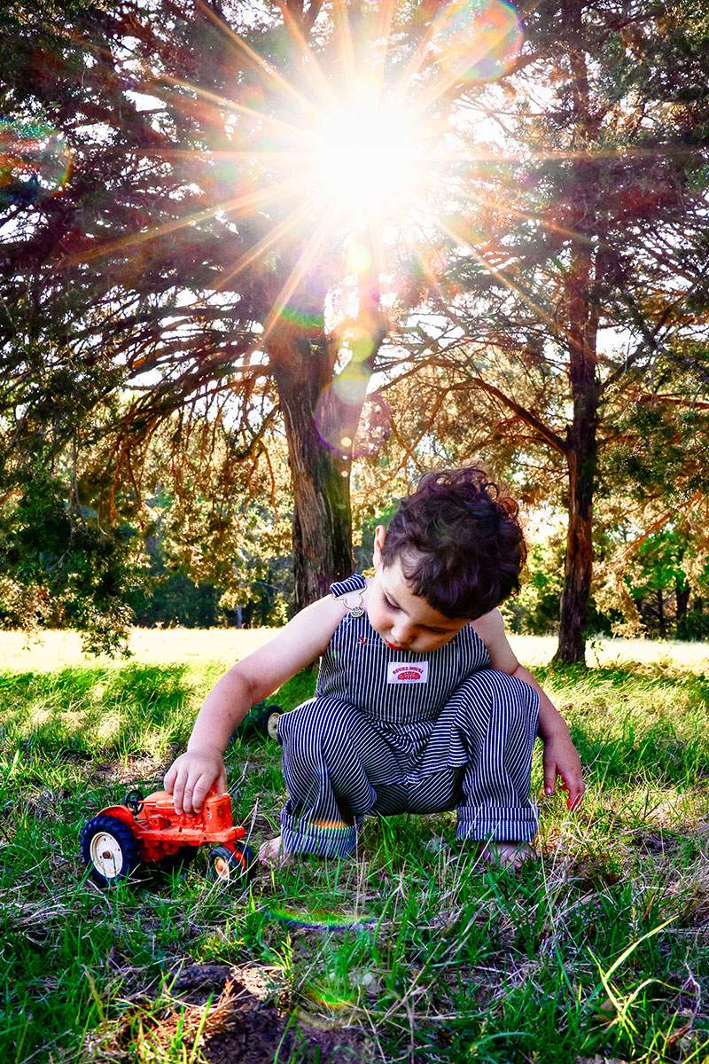 Toddler playing with a toy tractor under a cedar tree — Arlington little-ones photography by BK Bennett